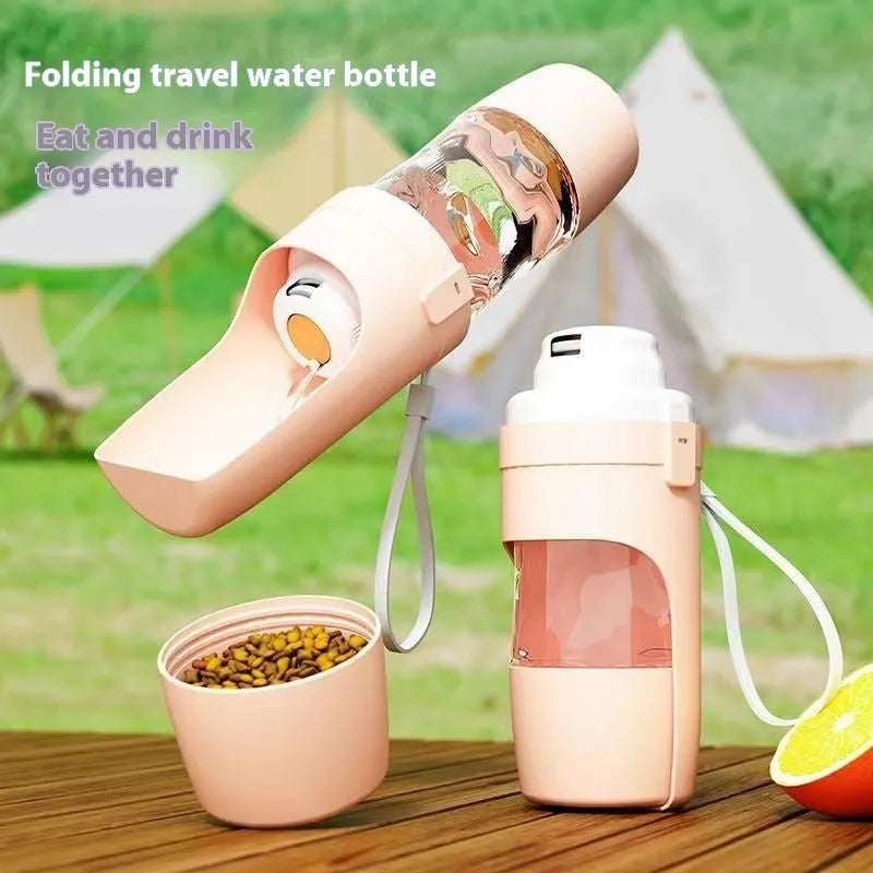 2-in-1 travel dog water bottle with 690ml capacity and green lanyard, folded to 20cm x 9cm, showing transparent body and dual compartments