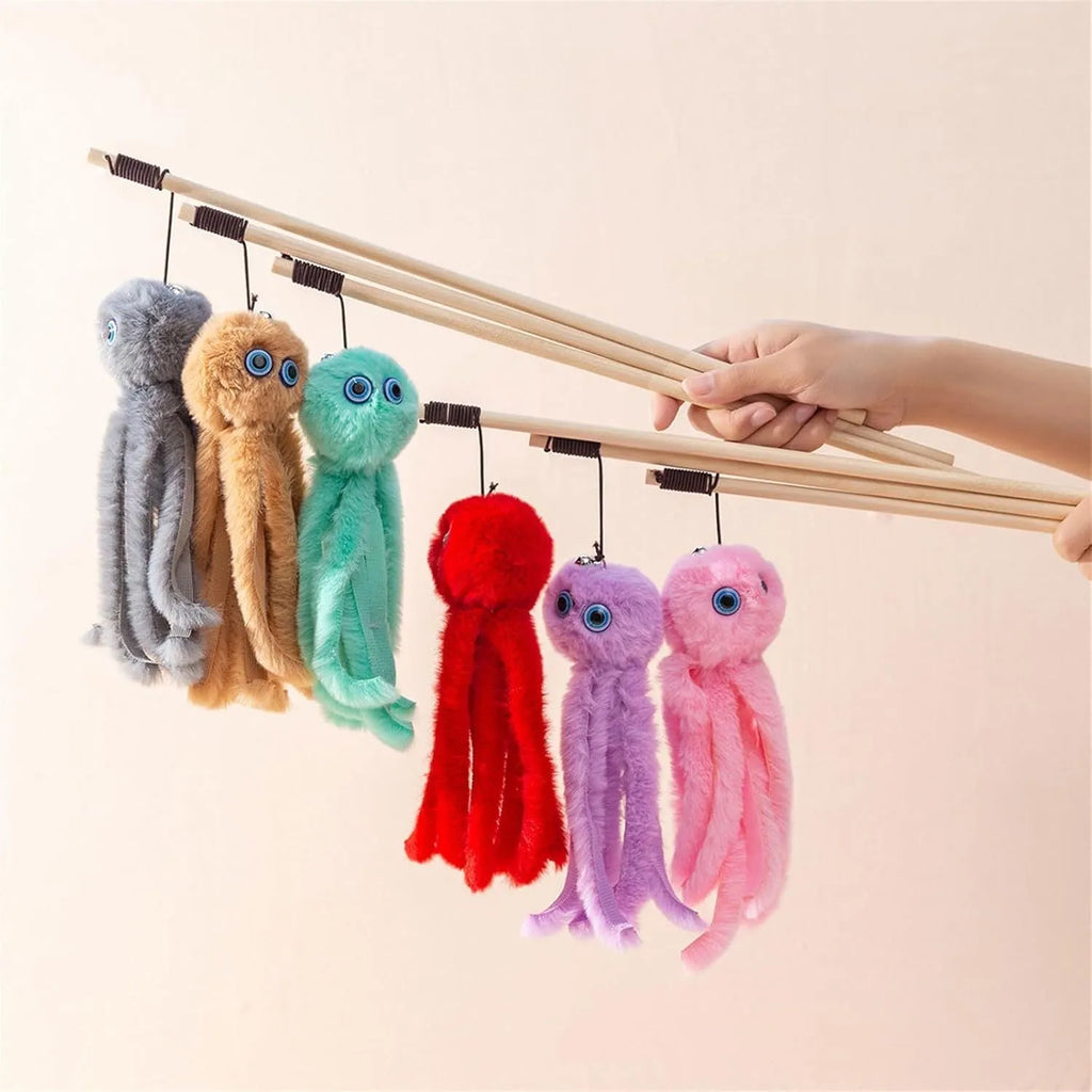Octopus-themed cat toy with long stick attachment in bright colours for indoor feline play