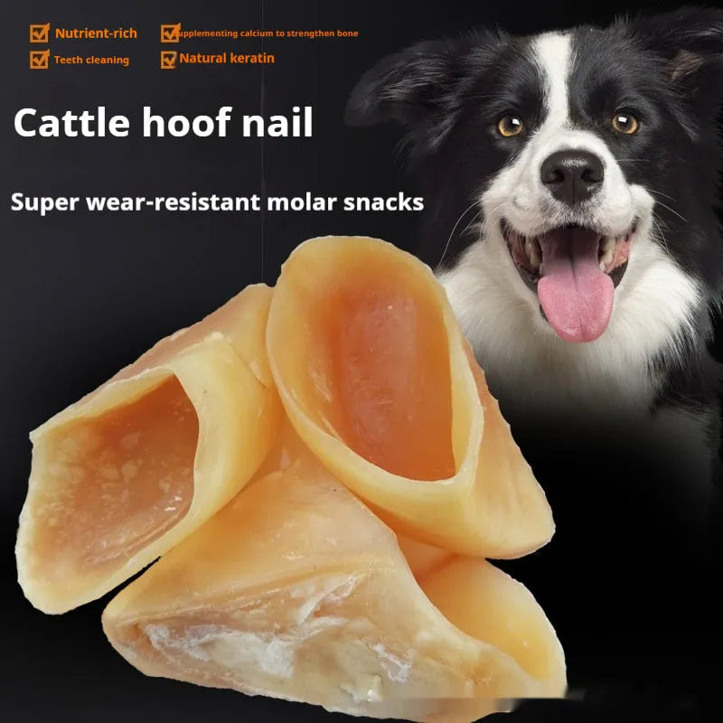 Natural cowhide dog chew rod in hoof shell colour, shown in small and large sizes for different dog breeds