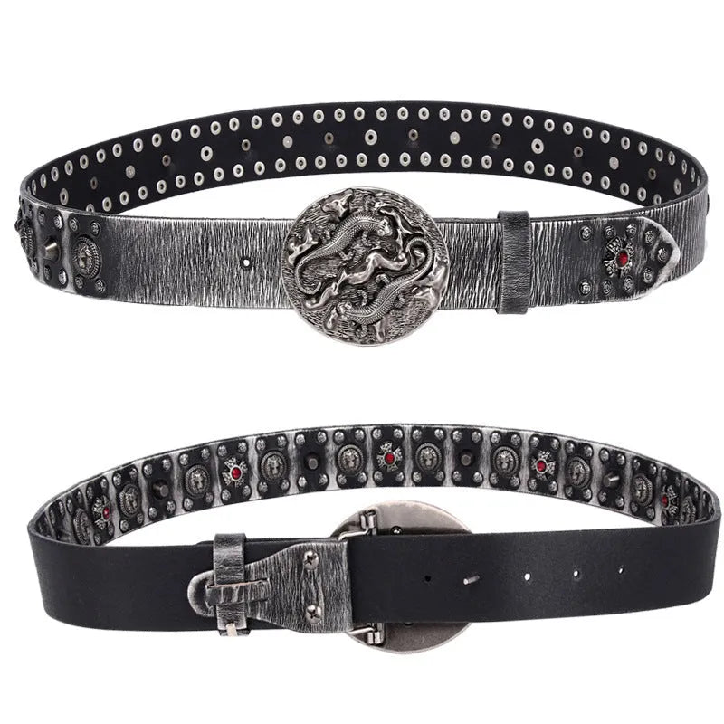 Men's black genuine leather belt with silver rivet details and an alloy smooth buckle fastener.