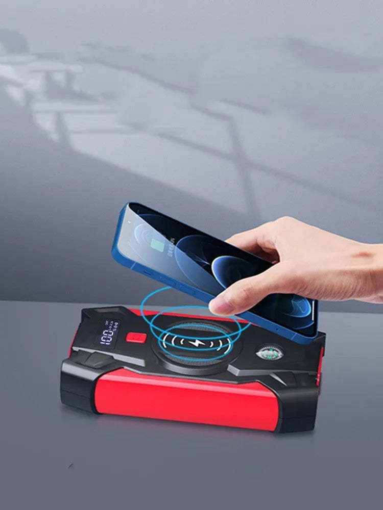Red car emergency jump starter with digital display showing 39800W power and compact 190x90x45mm dimensions