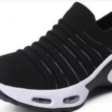 Plus size fly-knit sock shoes in black with stretch mesh upper and round toe