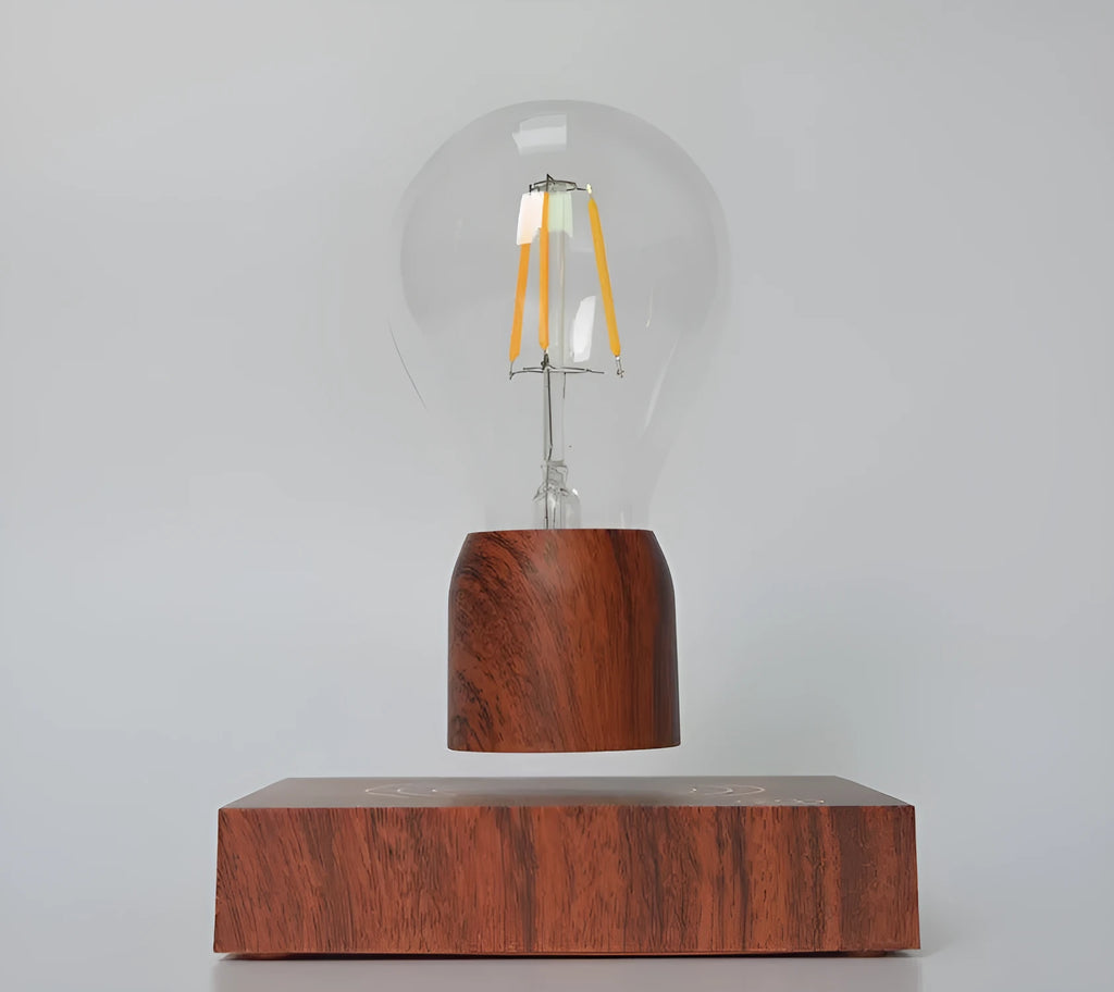Magnetic levitation floating bulb lamp with ABS glass construction on imitation wood base