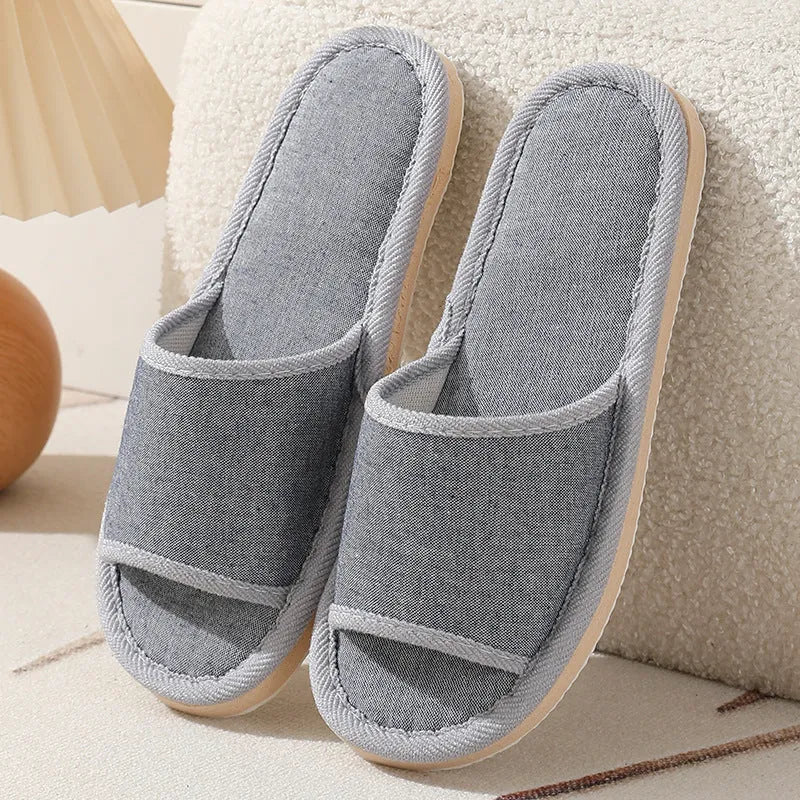 Women's cotton and linen open toe slippers in dark coffee, thickening sole, breathable indoor house shoes