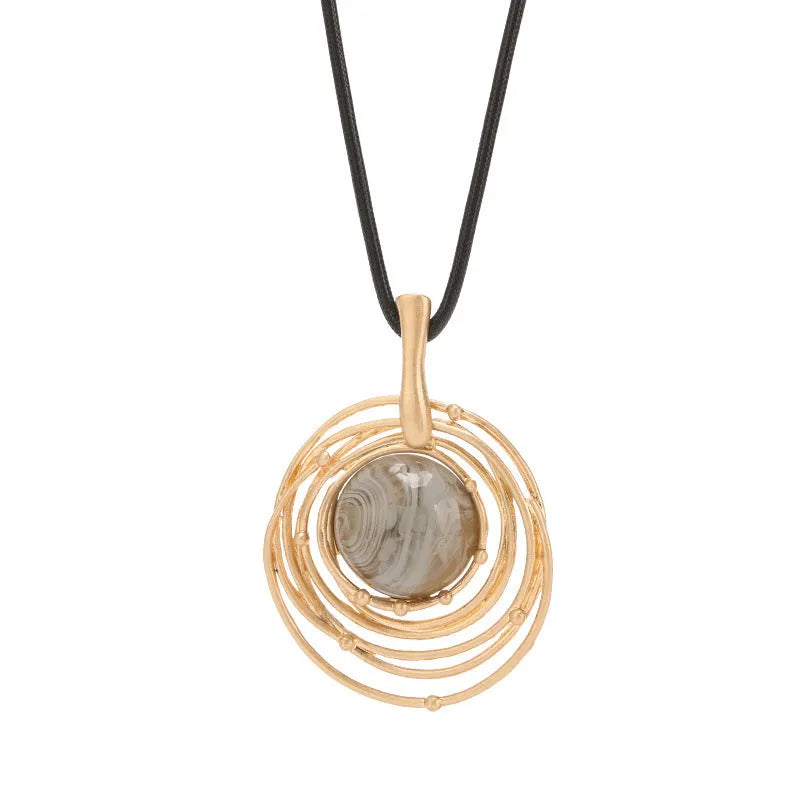 Women's gold geometric plaid pendant necklace with snakeskin wax rope chain, adjustable 51-80cm