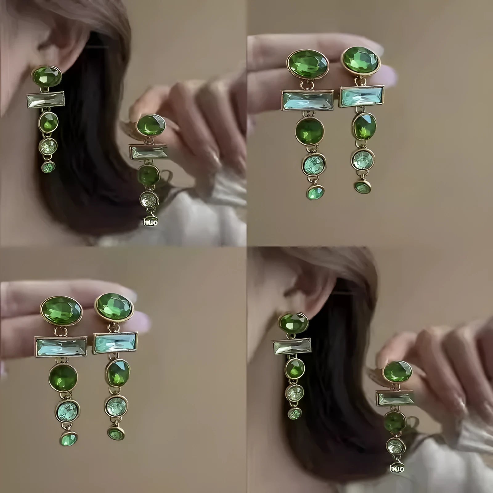 A pair of retro green gradient tassel earrings with inlaid zircon stones in a Chinese geometric style.