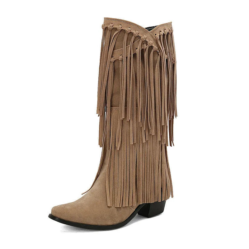 Women's suede high boots with chunky heel, tassel detailing and waterproof platform in multiple colours
