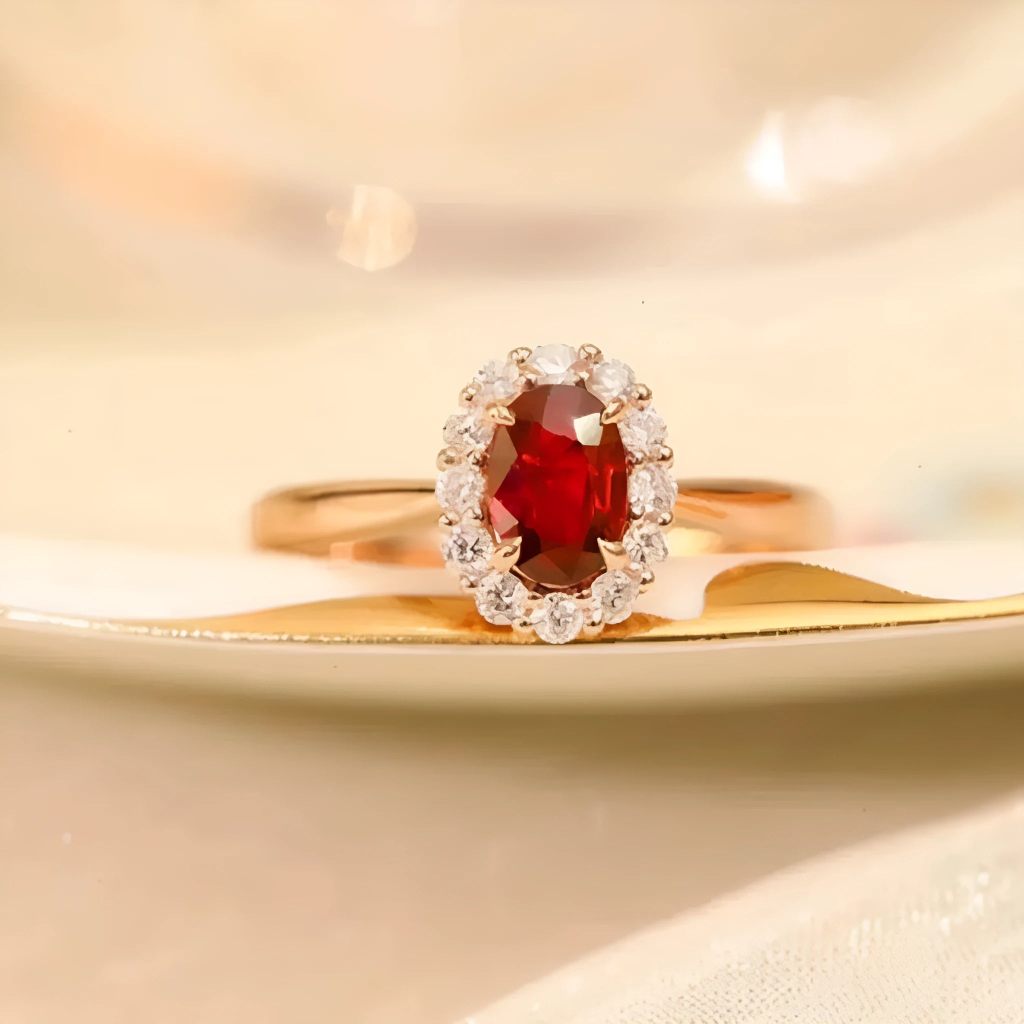 Gold Pigeon silver plated ring with red blood gemstone inlay and floral pattern design