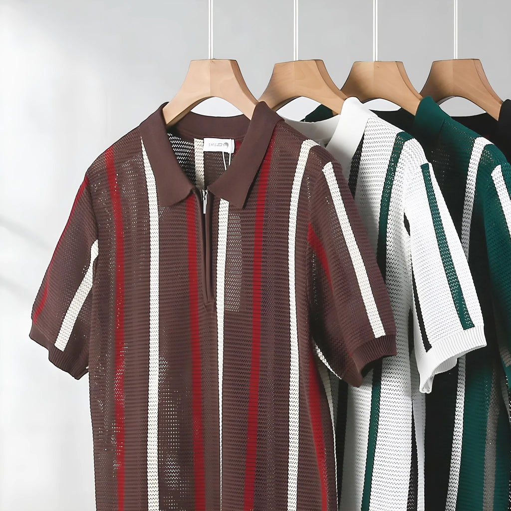 Hollow mesh short-sleeved knitting polo shirt in Ice Silk fabric with zipper decorations, loose fit, available in multiple colours