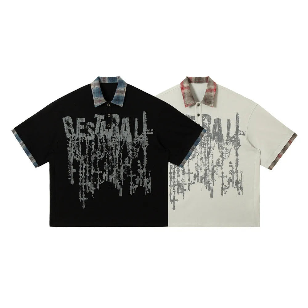 Men's graffiti print cotton short-sleeved top with asymmetric lapel in loose street style fit