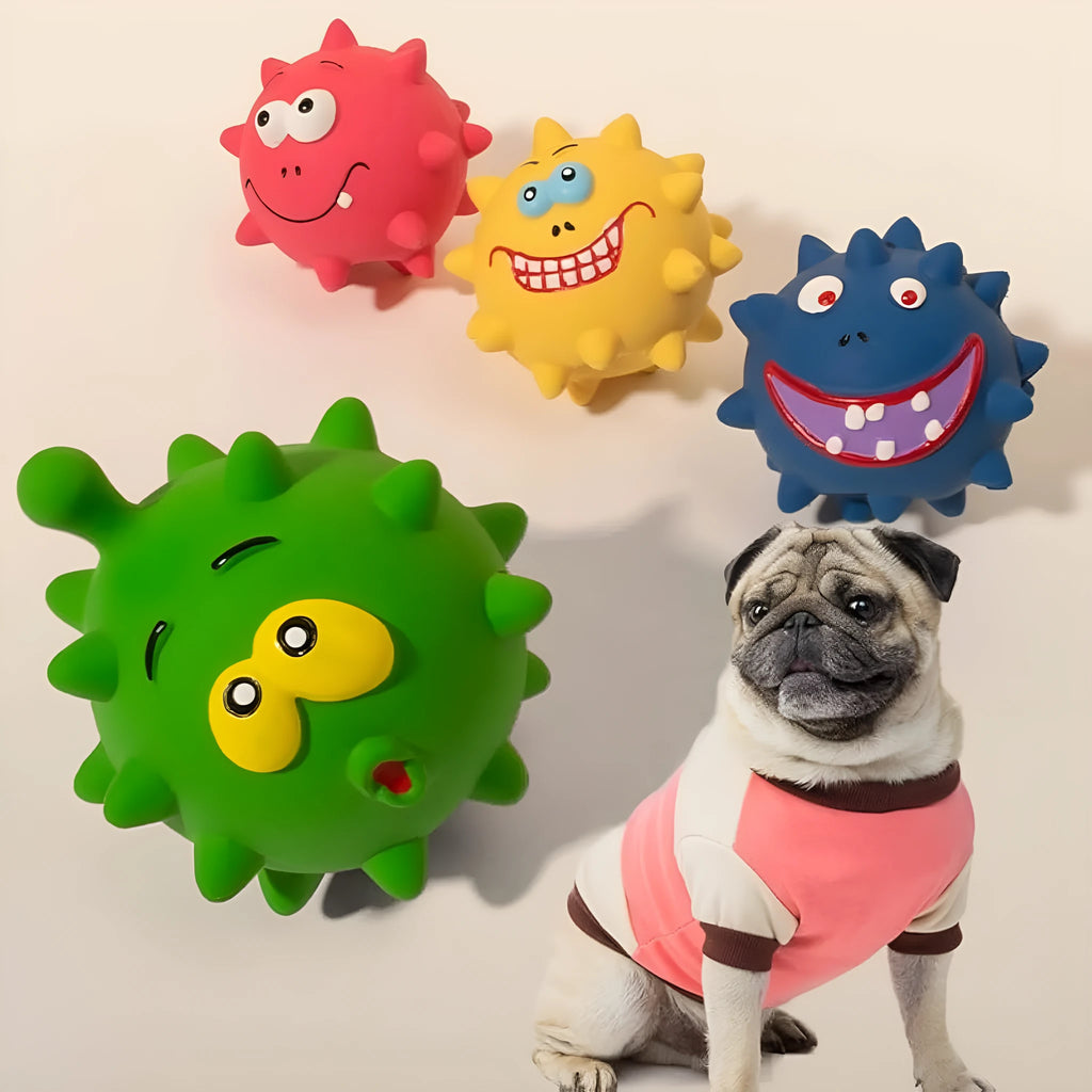 Set of four colourful latex squeaky dog balls with cute faces and textured surfaces.