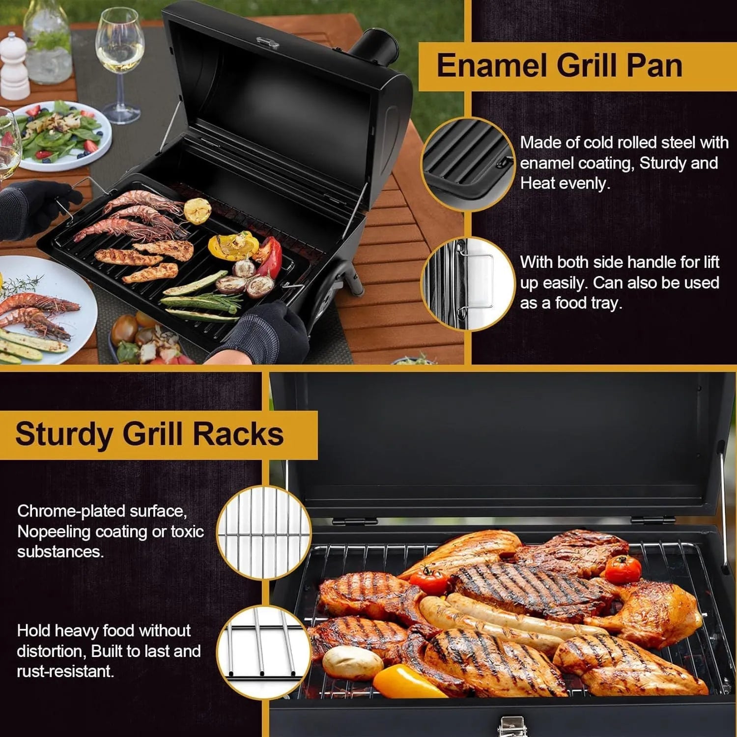 Small metal folding desktop barbecue grill with charcoal fuel bed.