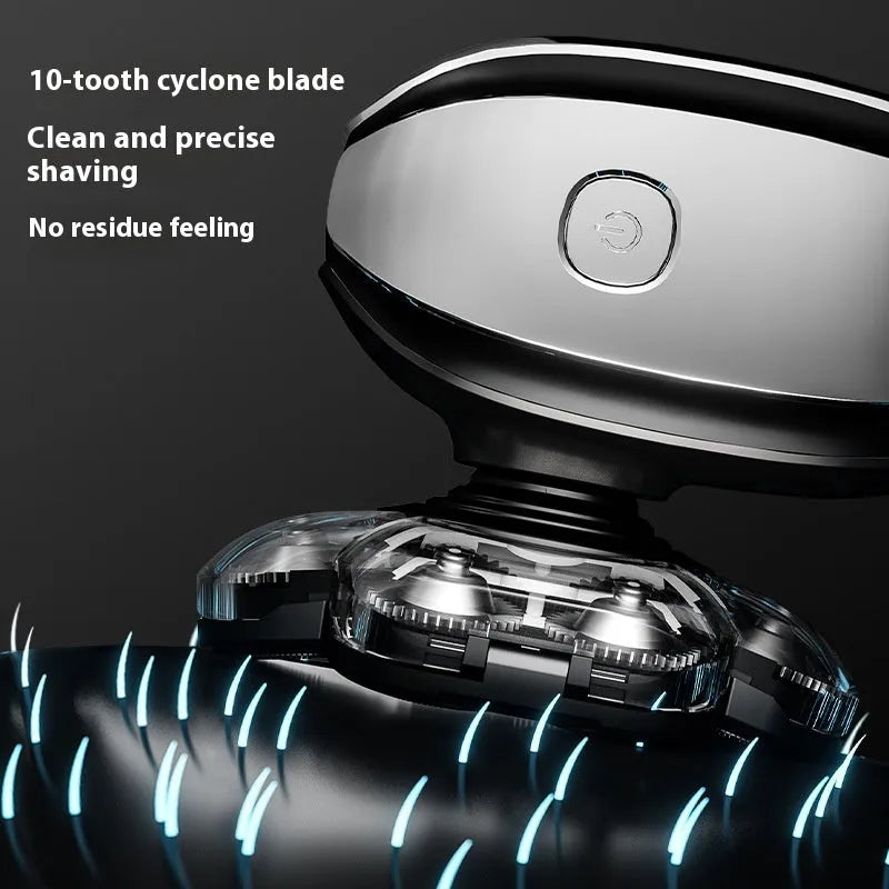 Black rechargeable 6-in-1 men's hair clipper and grooming kit with attachments on a stand