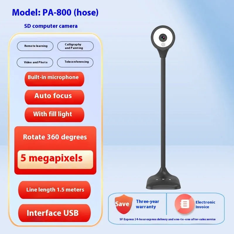 Black USB webcam with microphone for computer and mobile video calling, showing 8MP sensor and included data cable.