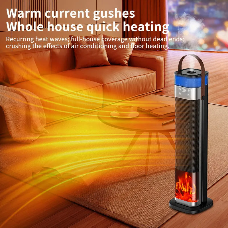 Tall, slim vertical ceramic heater with humidifier tank and remote control on a wooden floor.