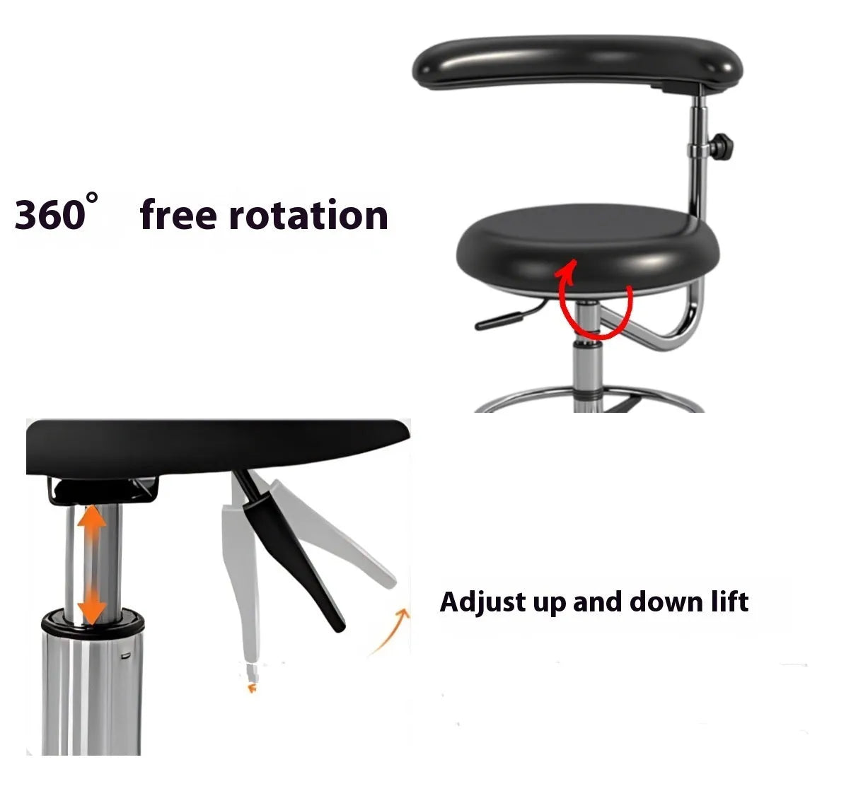 Black leather dental chair with height adjustment mechanism for clinical use