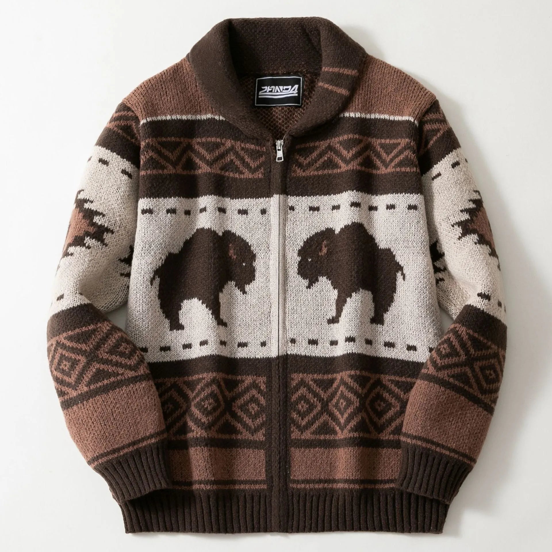 Men's brown retro jacquard knit cardigan with long sleeves, thickened polyester fabric, straight fit