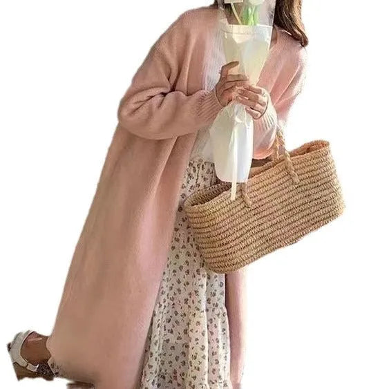 Women's medium length V-neck knitted cardigan in loose free size, shown in khaki colour