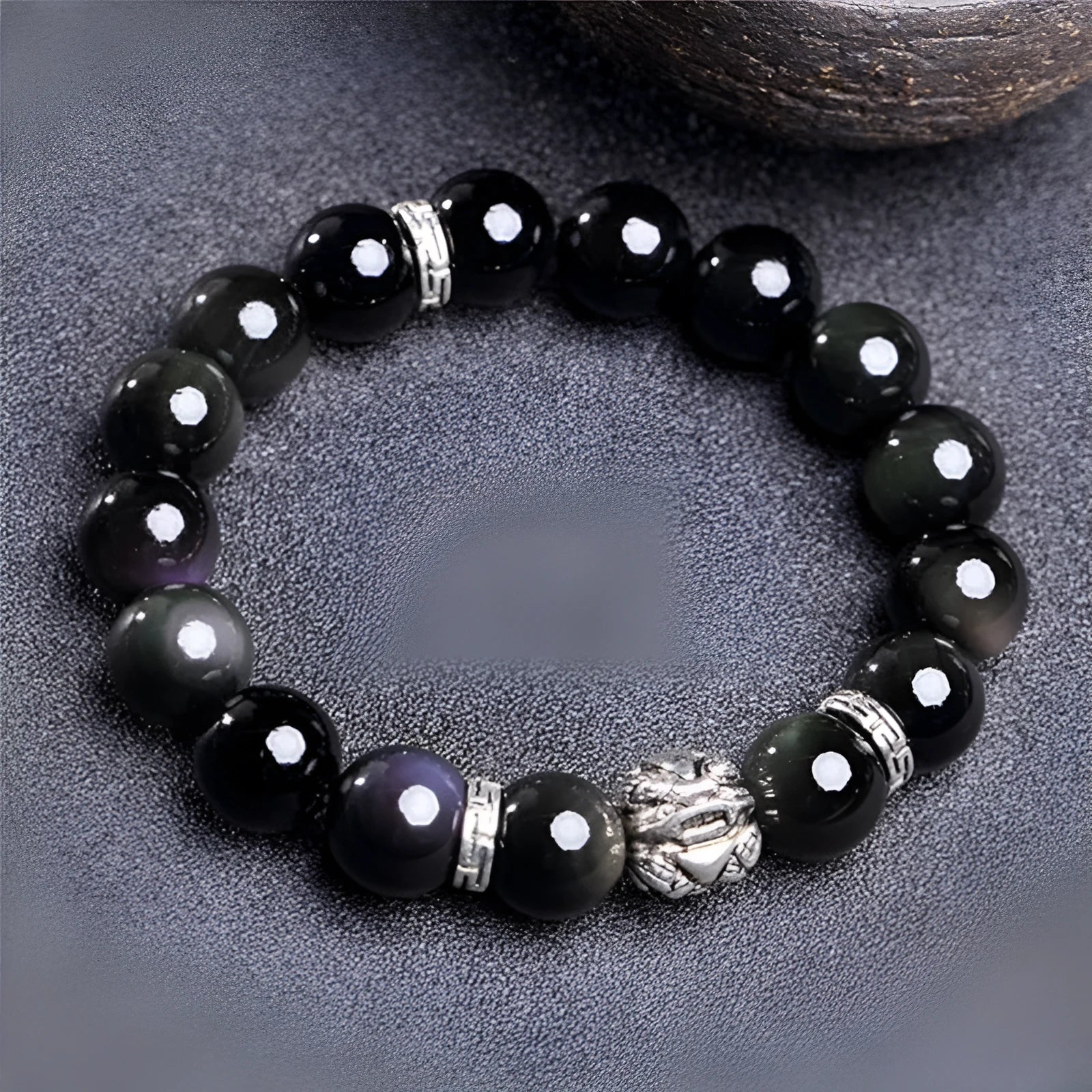 Silver 999 natural obsidian bracelet with Seiko treatment, 10mm and 12mm beads, unisex simple style