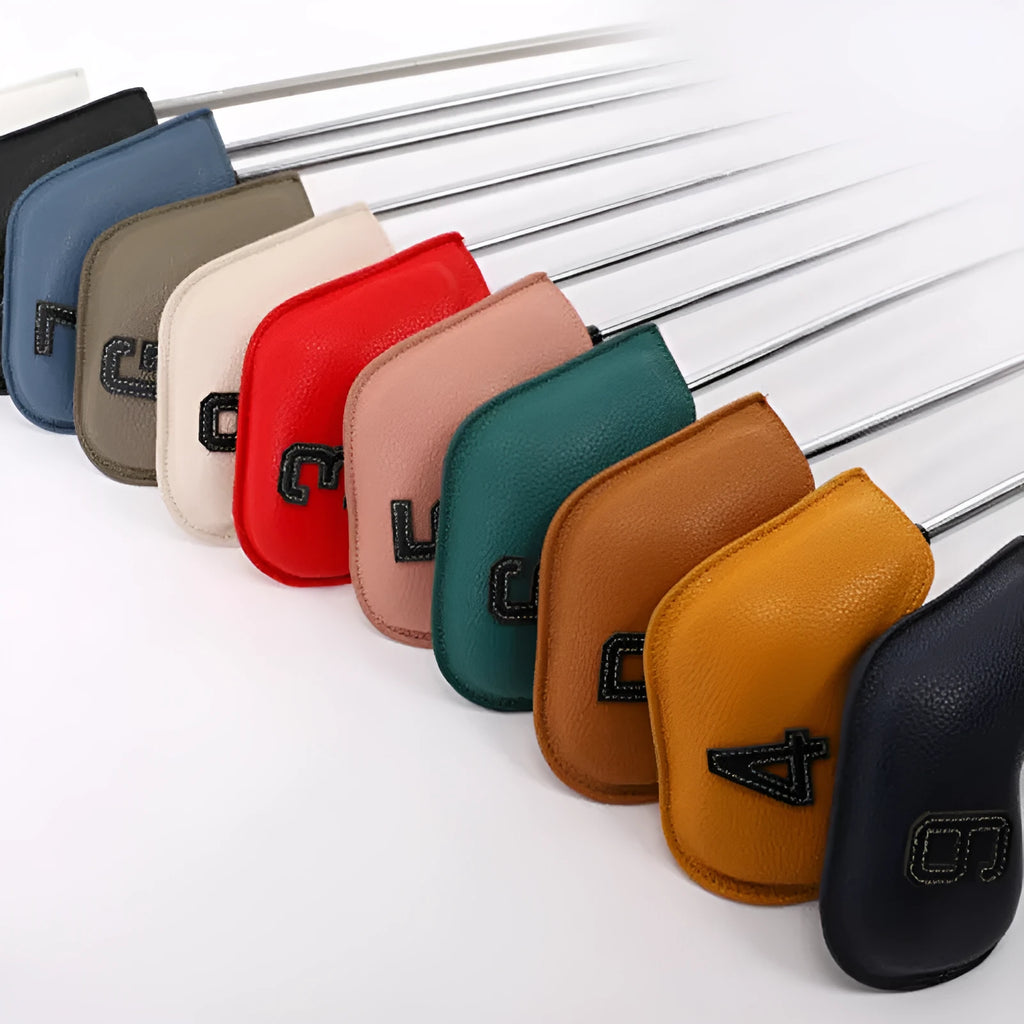 Set of 10 digitally printed PU golf club head covers in various colours