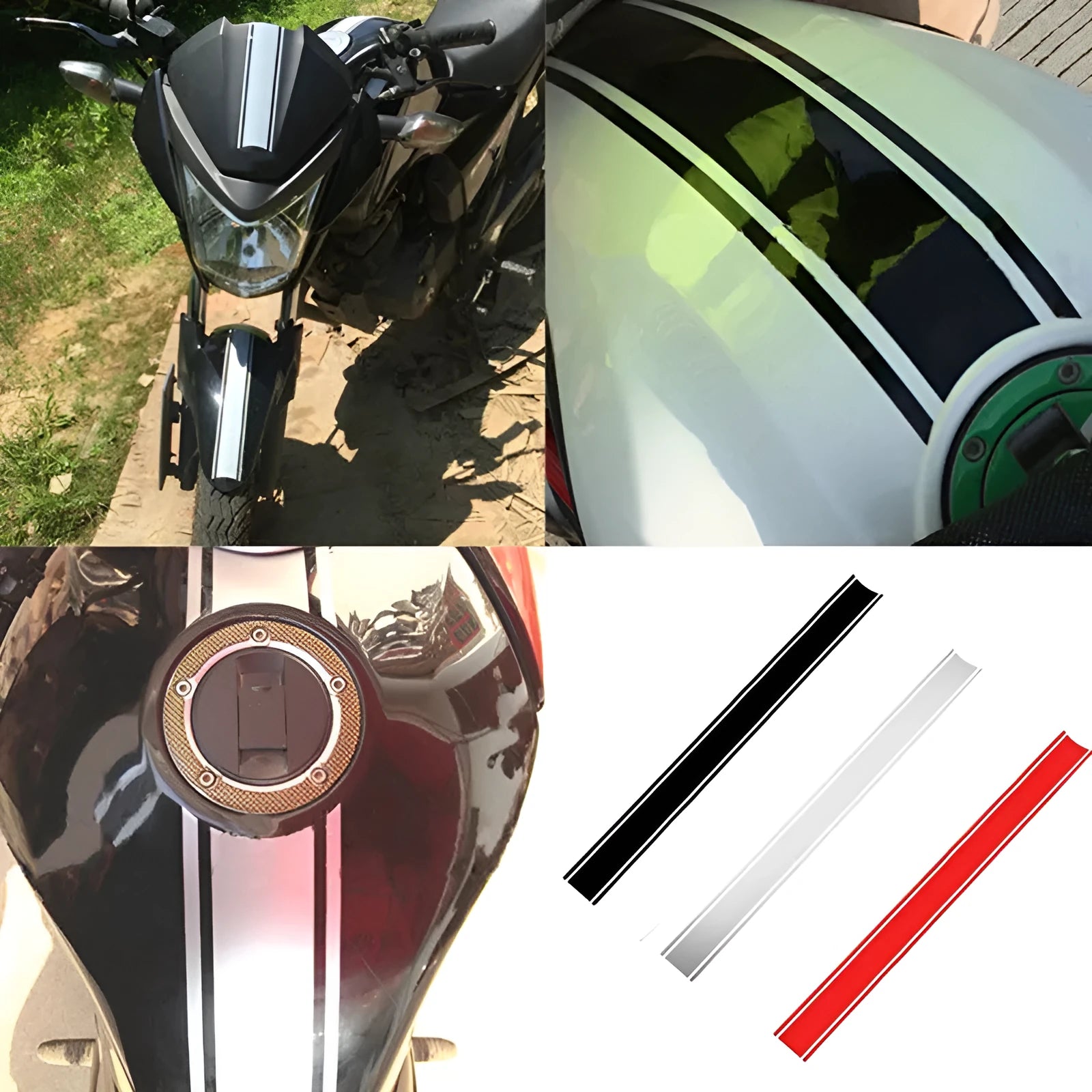 Long black reflective pinstripe vinyl sticker for motorcycle gas tank lid customisation.