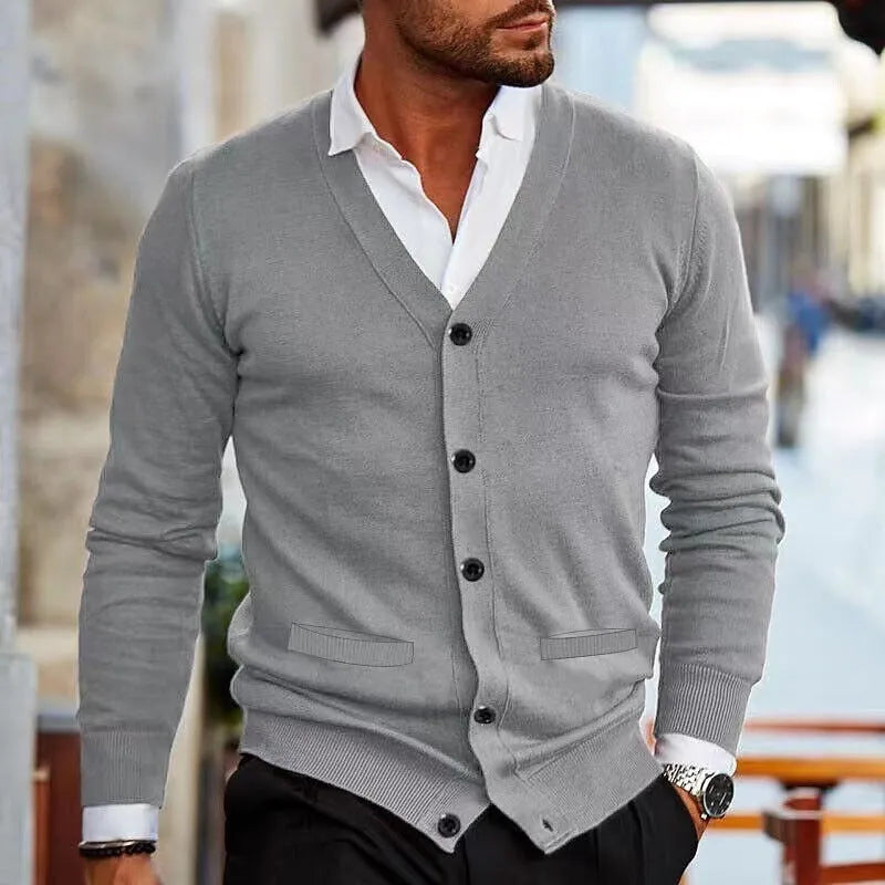 Men's slim fit acrylic cardigan sweater in a selection of colours including black, grey, and wine red.
