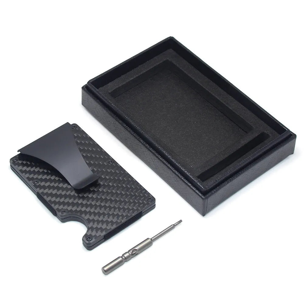 Geometric carbon fibre and aluminium card holder for bank cards and notes, 8mm thick.