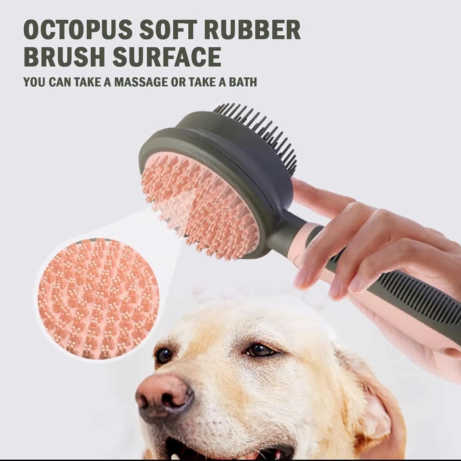 Pink and green dual-sided cat grooming brush with flea comb and release button