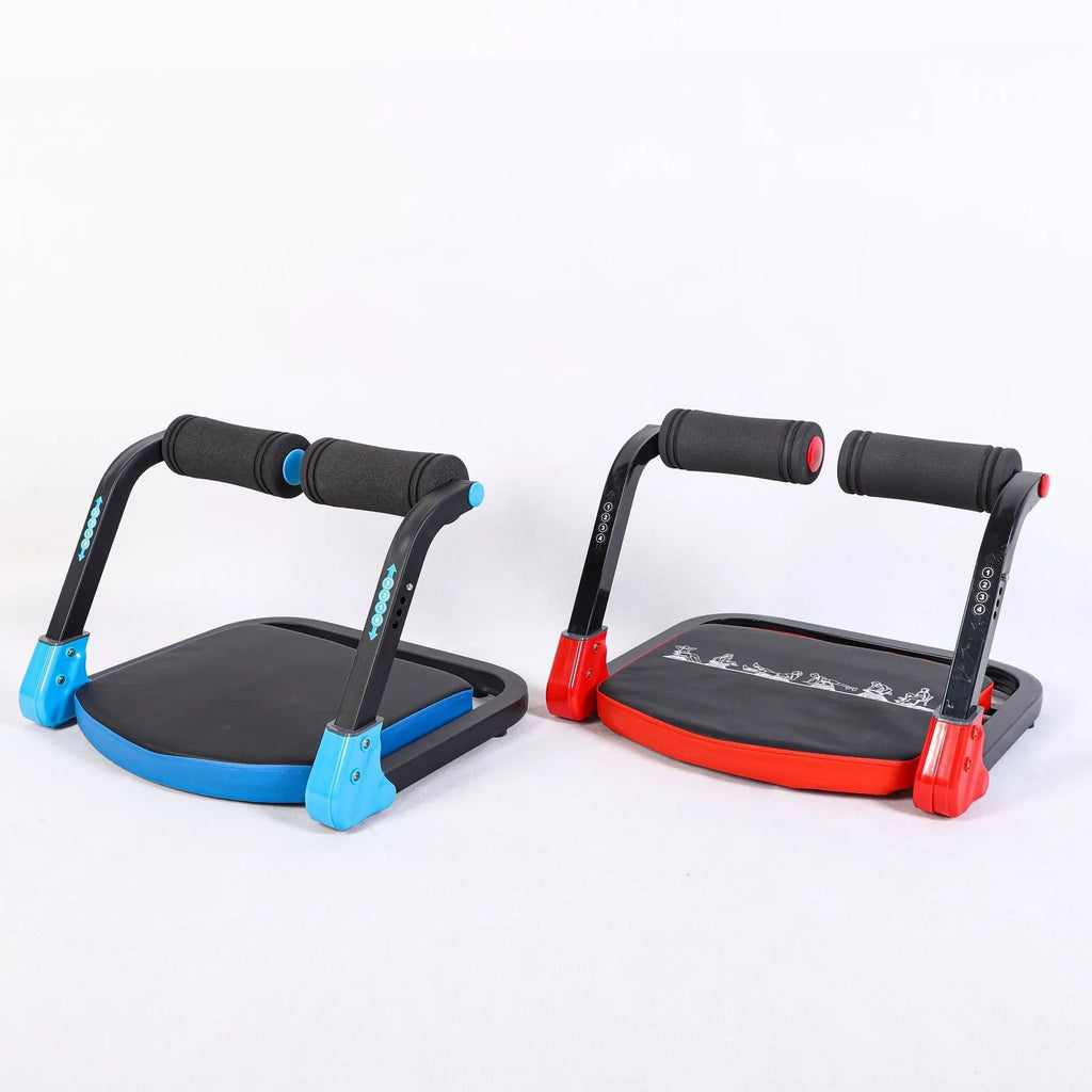 Mini multifunctional abdominal fitness device shown in red and sky blue colour options.