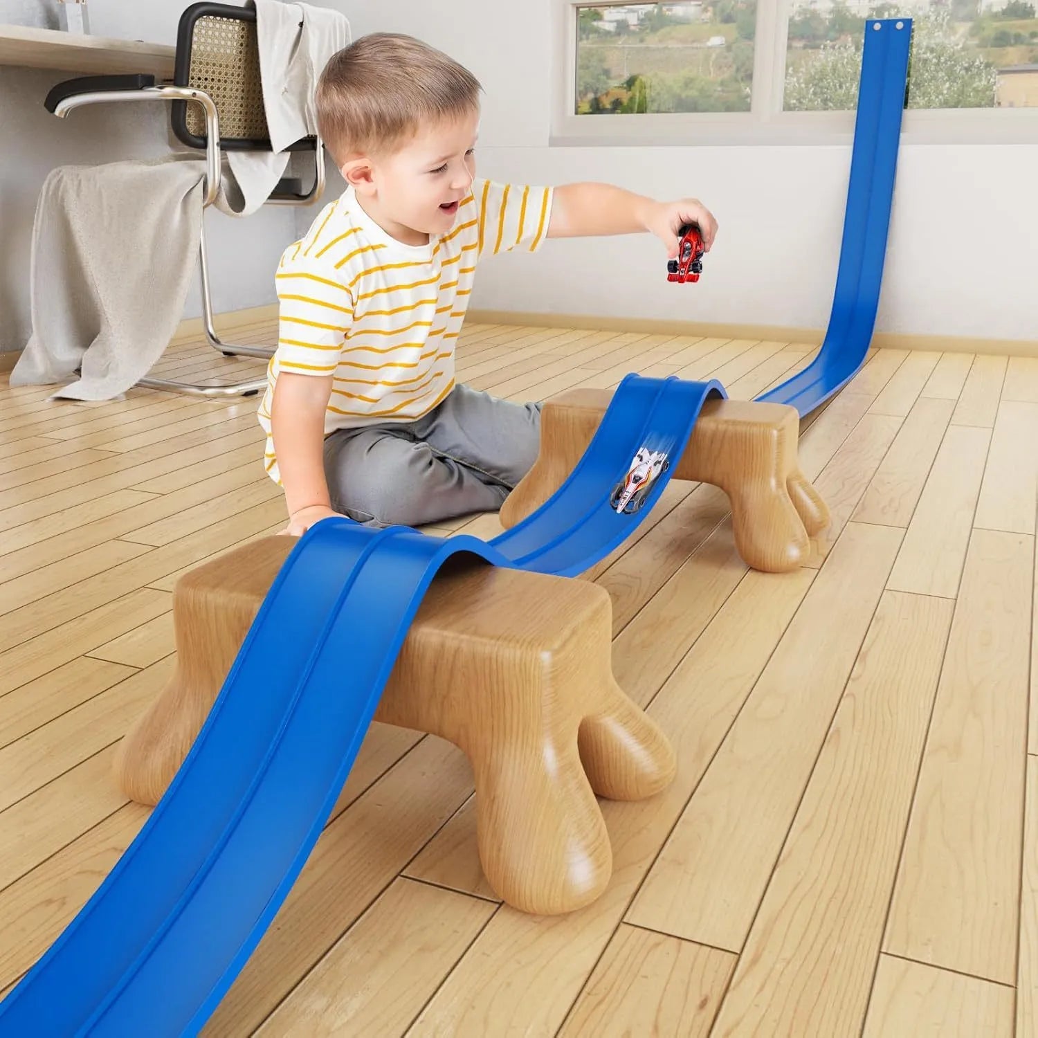 DIY double rail PVC soft track set with anti-gravity magnetic assembly, blue option, includes two random colour cars, 1100g