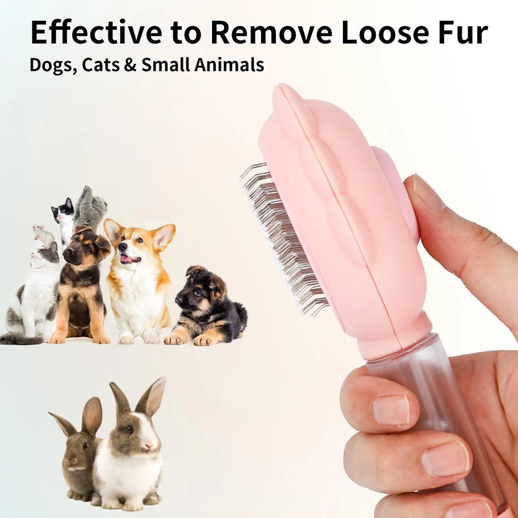 Grey green pink spray function cat grooming brush with release button and curved stainless steel pins