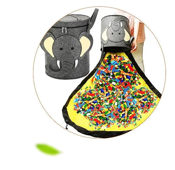 Green felt cube storage bag with pull rope that converts to flat play mat for toy organisation
