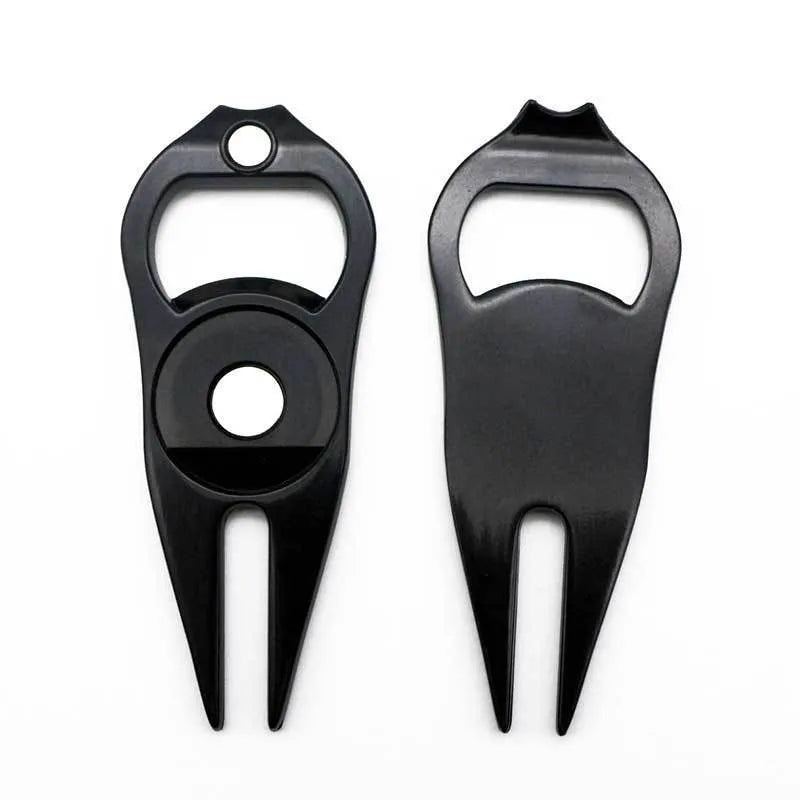 Zinc alloy golf ball marking fork with bottle opener in green, black, or silver colour options