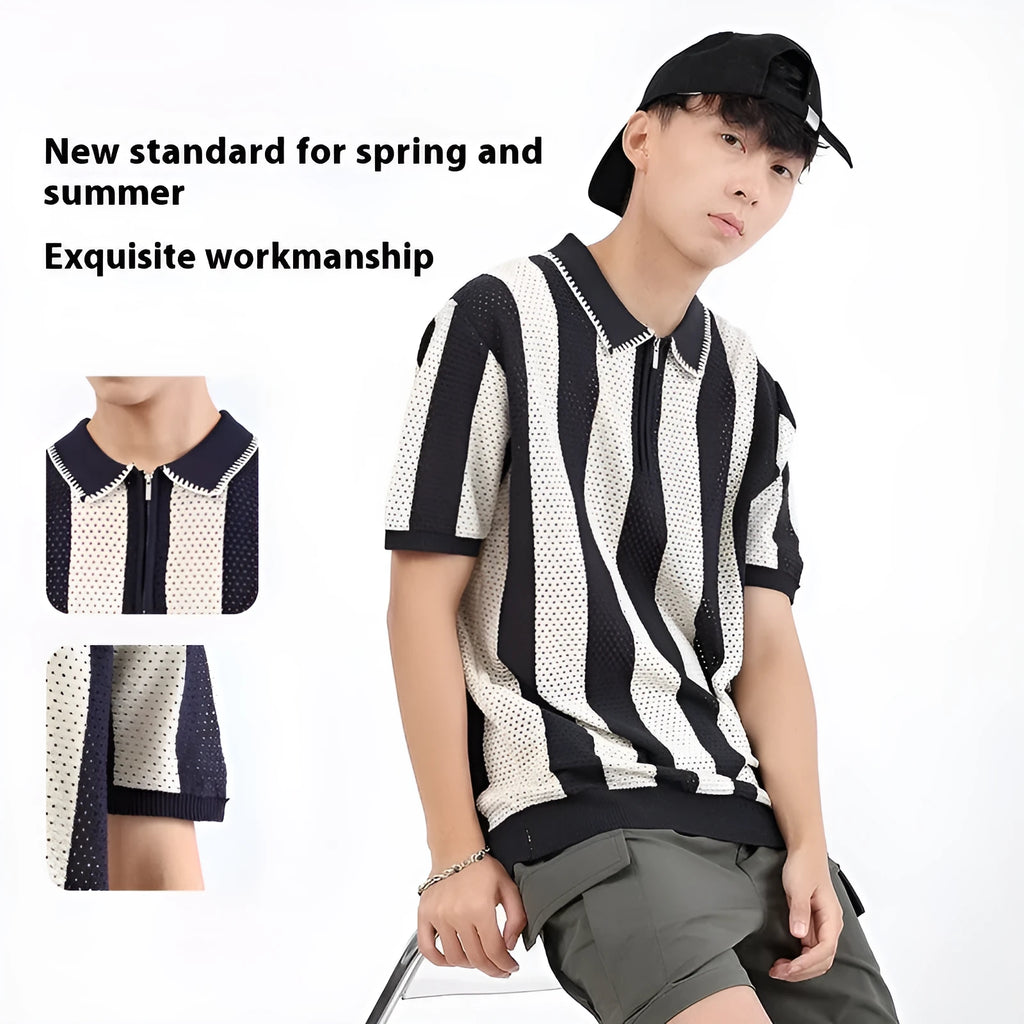 Man wearing a black and white stripe short sleeve viscose sweater with a silver zip decoration on the chest.