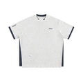 Retro alphabet embroidered loose waffle knit short-sleeved T-shirt in navy blue.