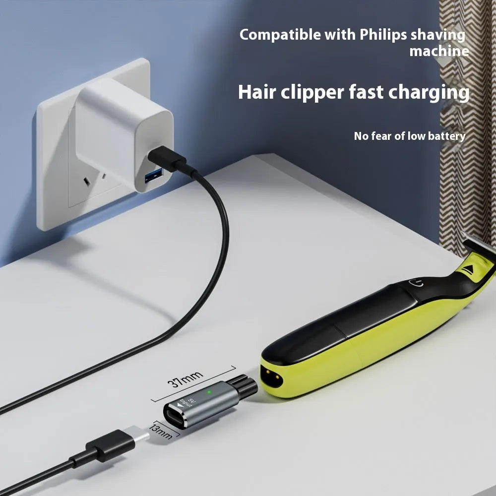 USB C charging adapter for electric shaver with aluminium alloy casing in black or grey