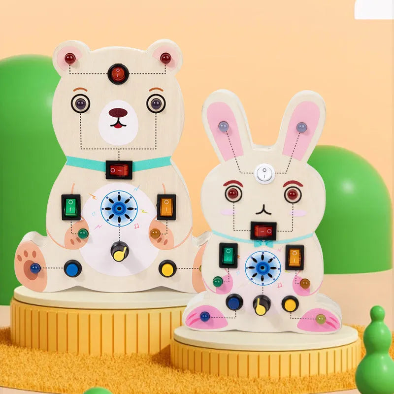 Wooden animal simulation circuit board educational toy for children 4-6 years, 21.5x18x5.5cm, showing Bear style front view in colour box packaging