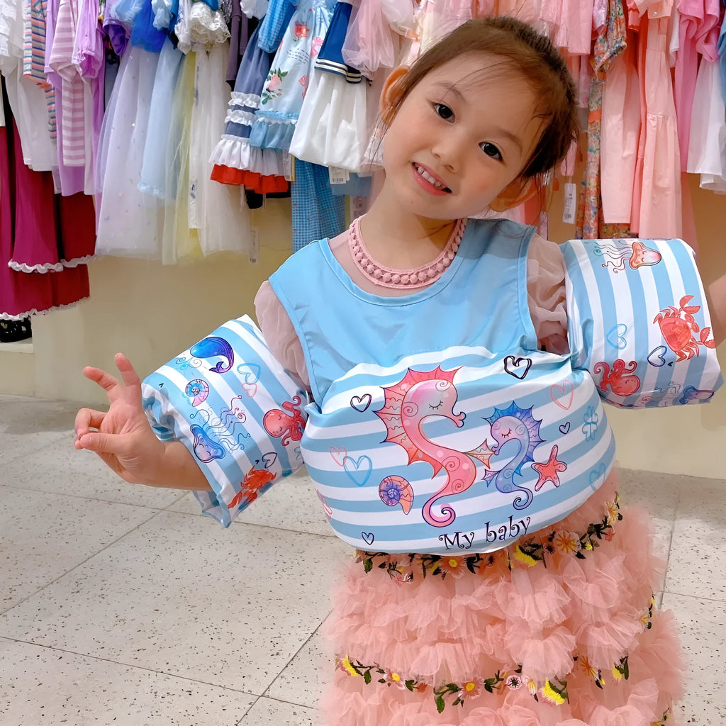 Cartoon children's swimsuit with lengthened arm swimming rings in various colourful patterns