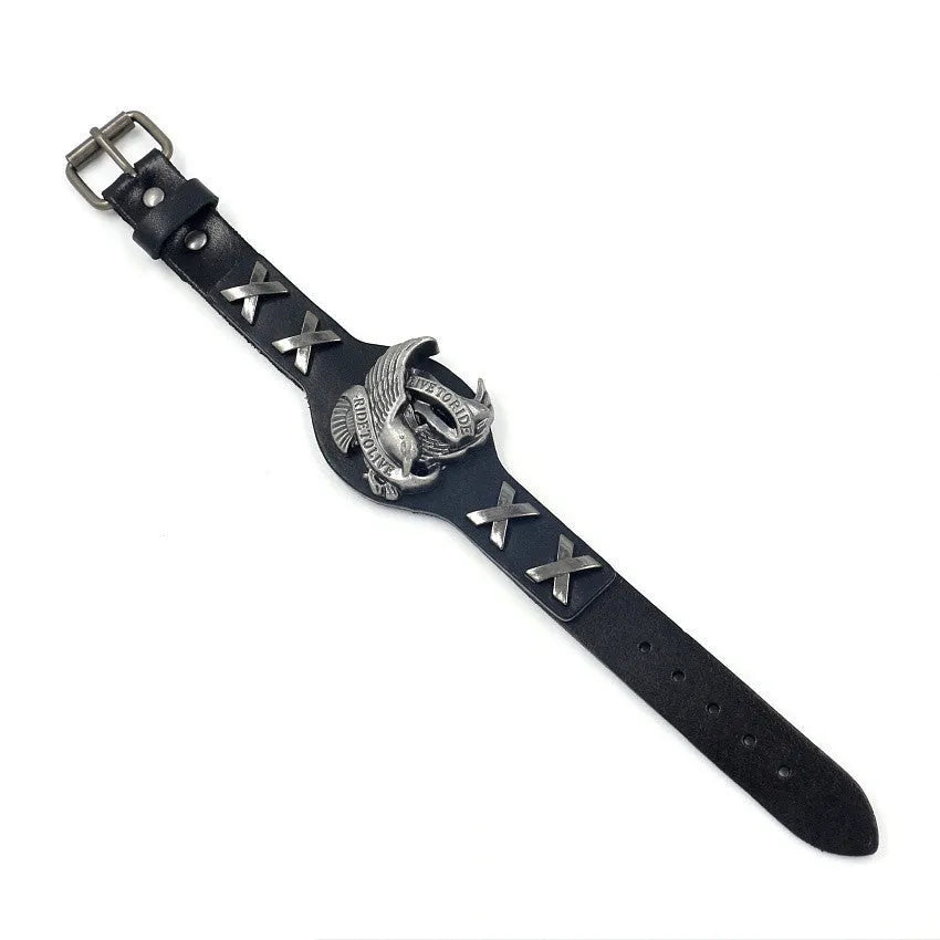 Black geometric leather bracelet with alloy eagle watch-button closure showing varying width from 1.7cm to 3.8cm