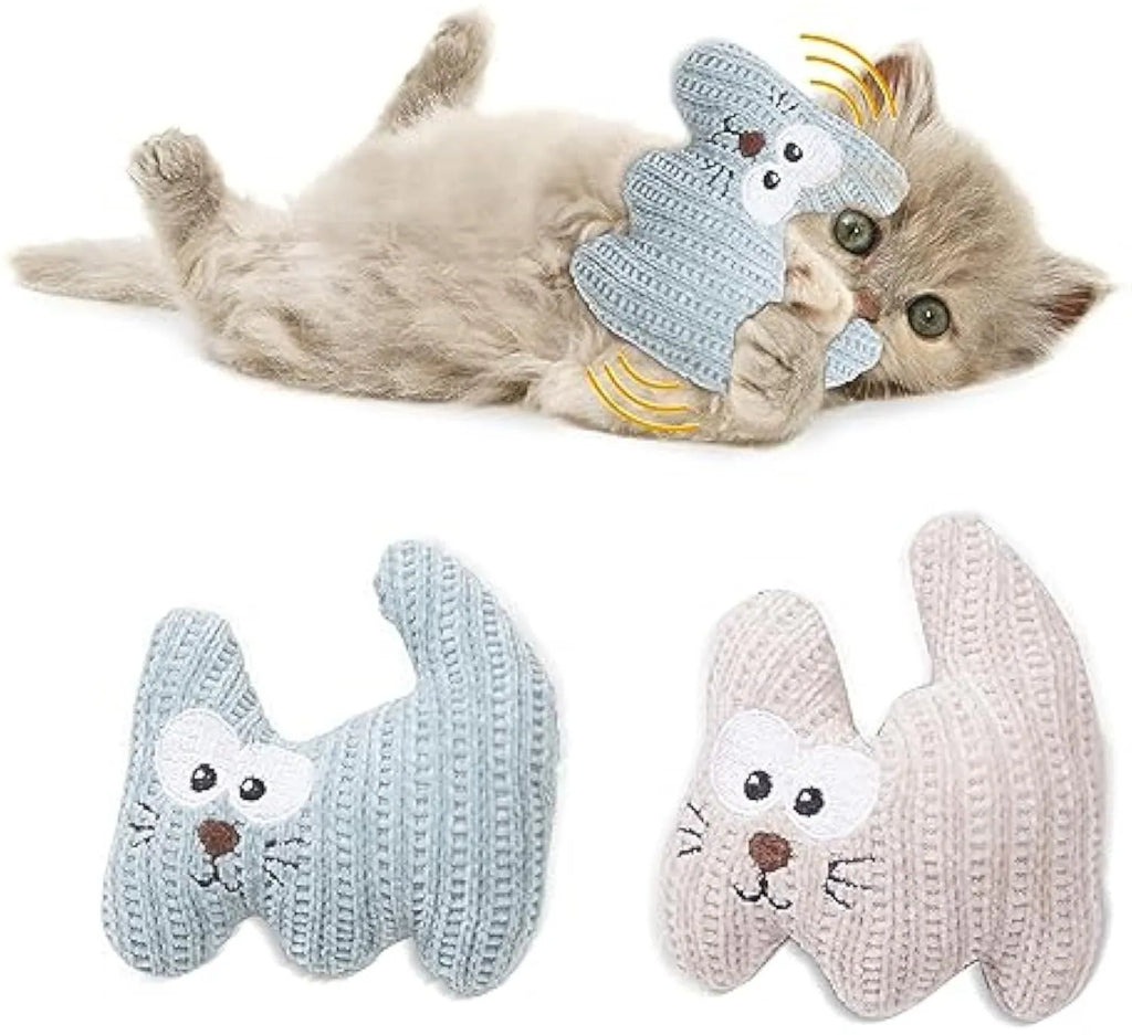 Cyan plush cat toy with rope details and a bell, shown next to a light coffee colour option.