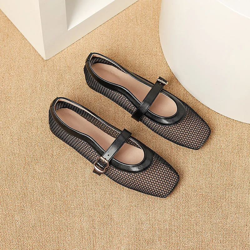 Women's breathable mesh pumps with buckle, flat heel, and square toe in beige colour.