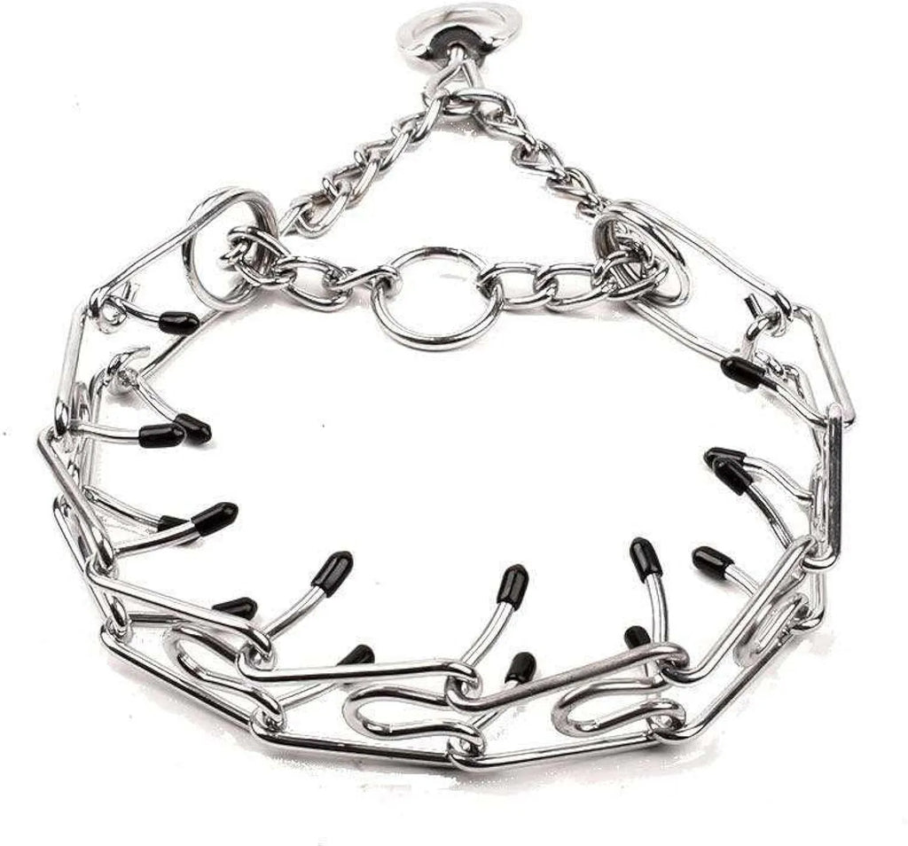 Stainless steel dog training pinch collar with adjustable links and black rubber tips on the prongs.
