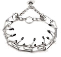 Stainless steel dog training pinch collar with adjustable links and black rubber tips on the prongs.