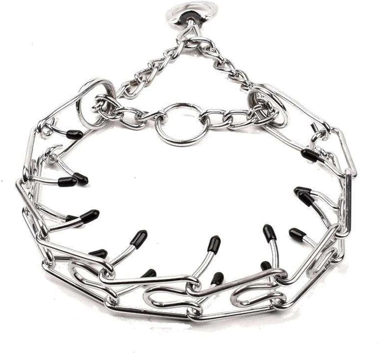 Stainless steel dog training pinch collar with adjustable links and black rubber tips on the prongs.