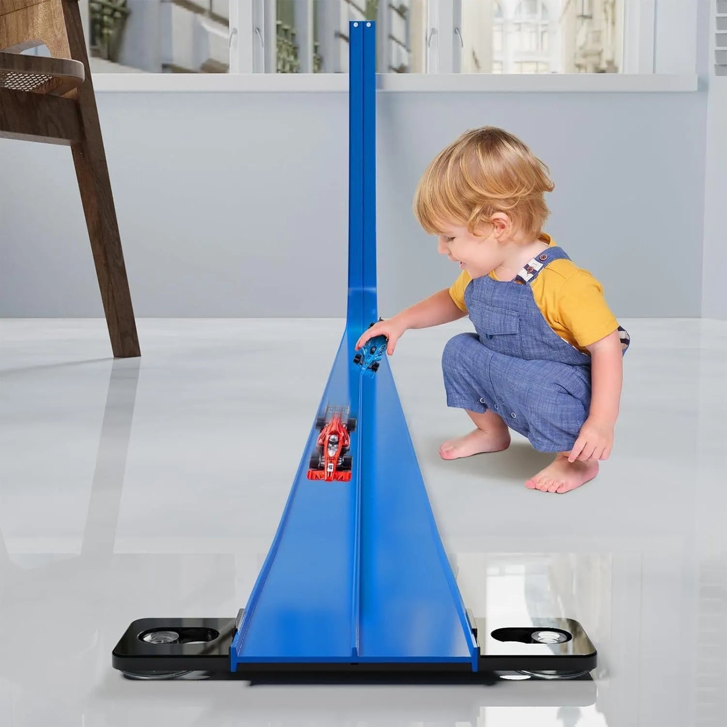 DIY double rail PVC soft track set with anti-gravity magnetic assembly, blue option, includes two random colour cars, 1100g