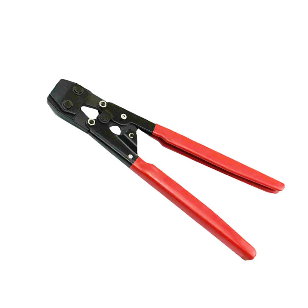Red coloured metal single ear clamp tool set with carbon steel cutting edge on a workbench.