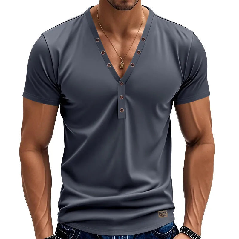 Men's loose solid-colour V-neck sports pullover with button details on a mannequin