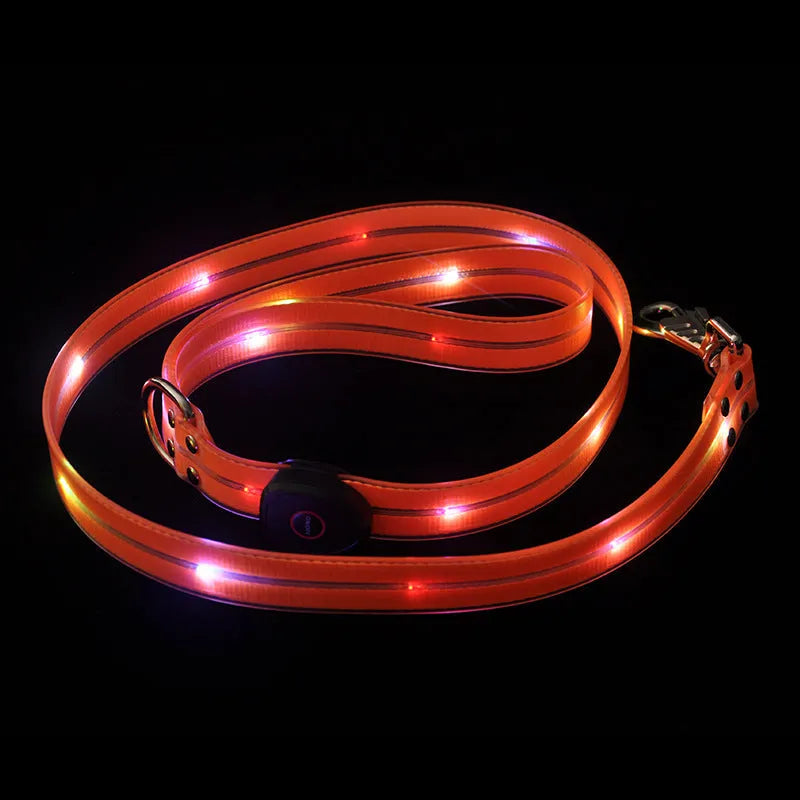 Luminous dog leash in fluorescent green with hand-holding lead and PVC rope construction on white background
