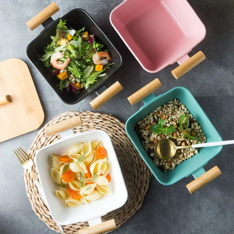 Modern irregular shaped porcelain ceramic bowl with matching lid in choice of four colours