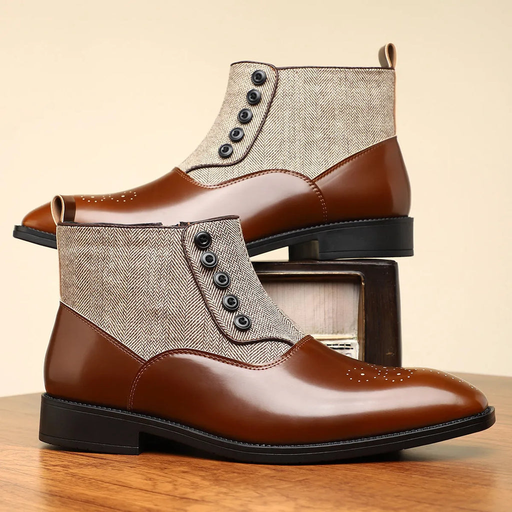 Men's brown and green retro formal shoes with side zip, square toe, and low square heel.